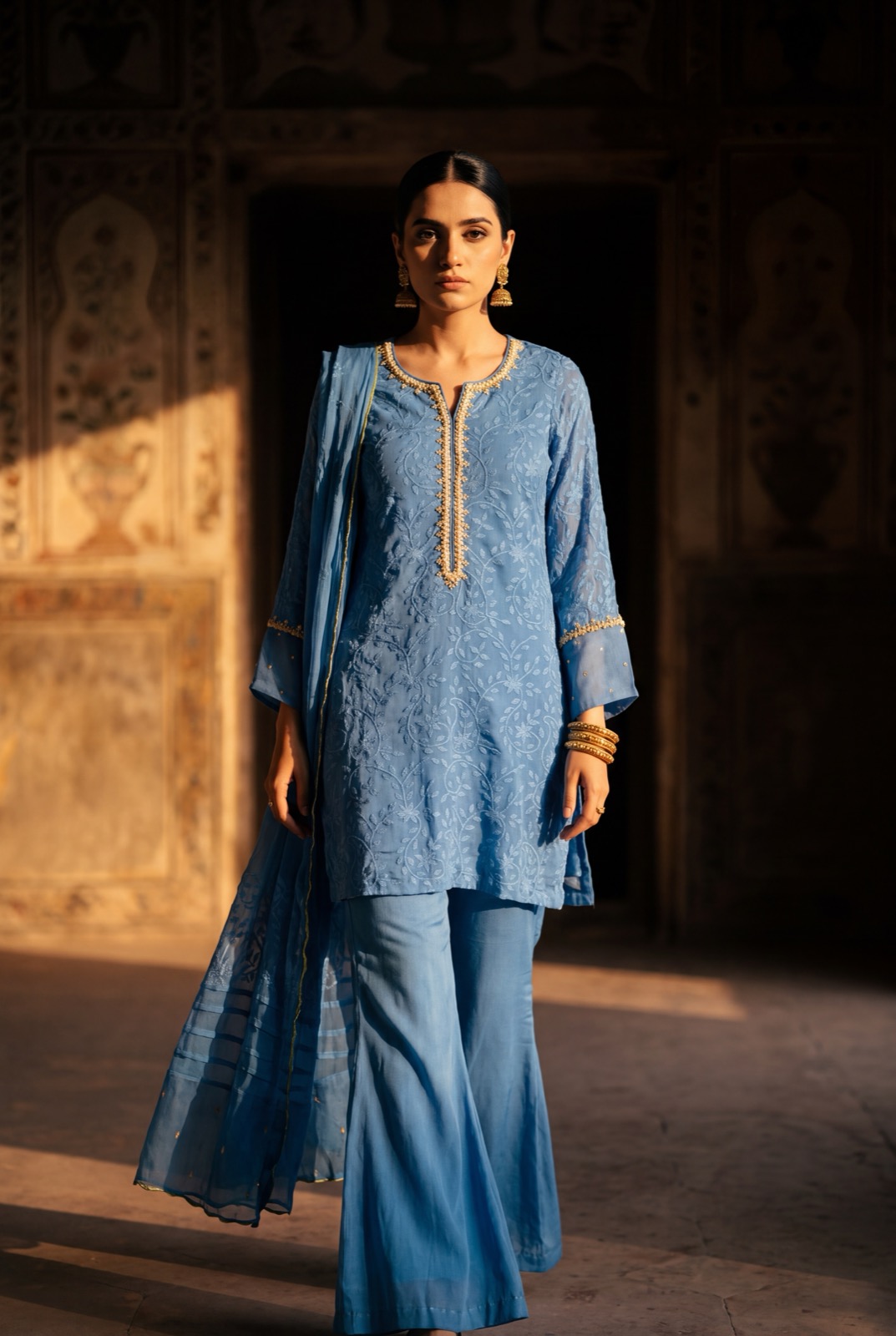 Cornflower/denim blue chikankari kurta with dupatta