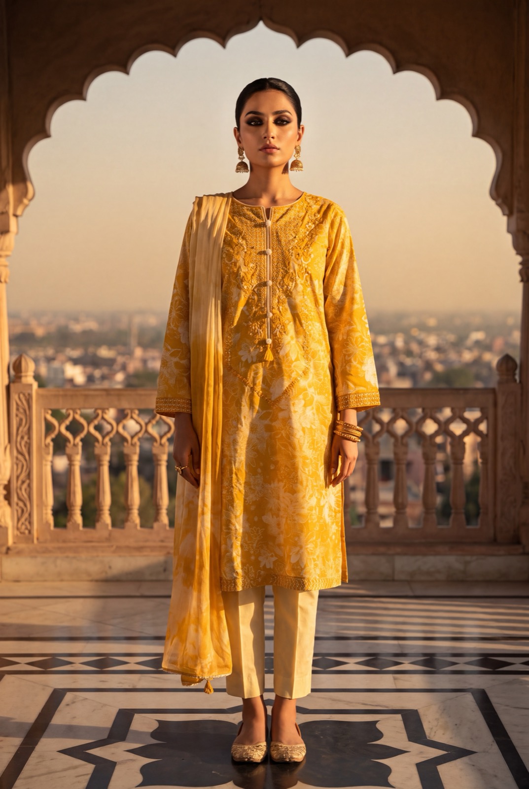 Marigold mustard printed kurta with ombre chiffon dupatta