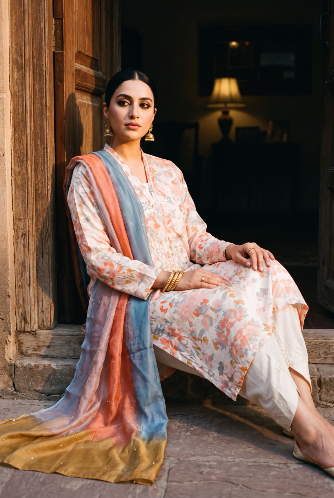 Ivory printed silk-satin kurta with dual-tone ombre tissue dupatta