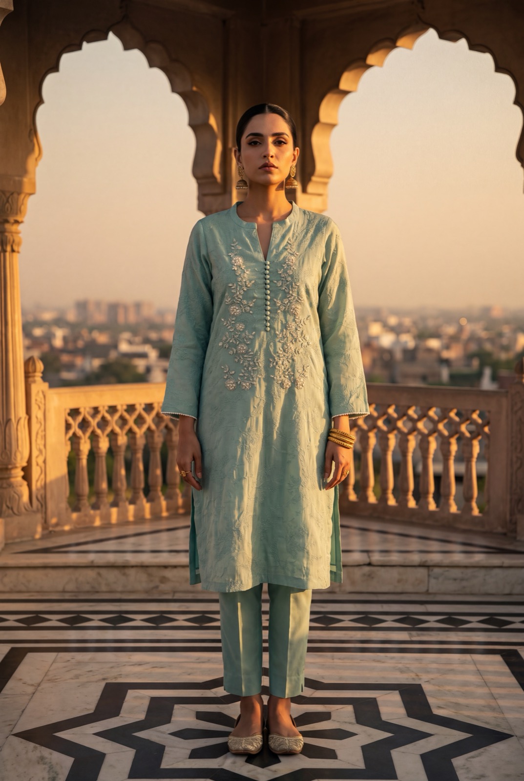 Mint/sea-green self-embroidered kurta