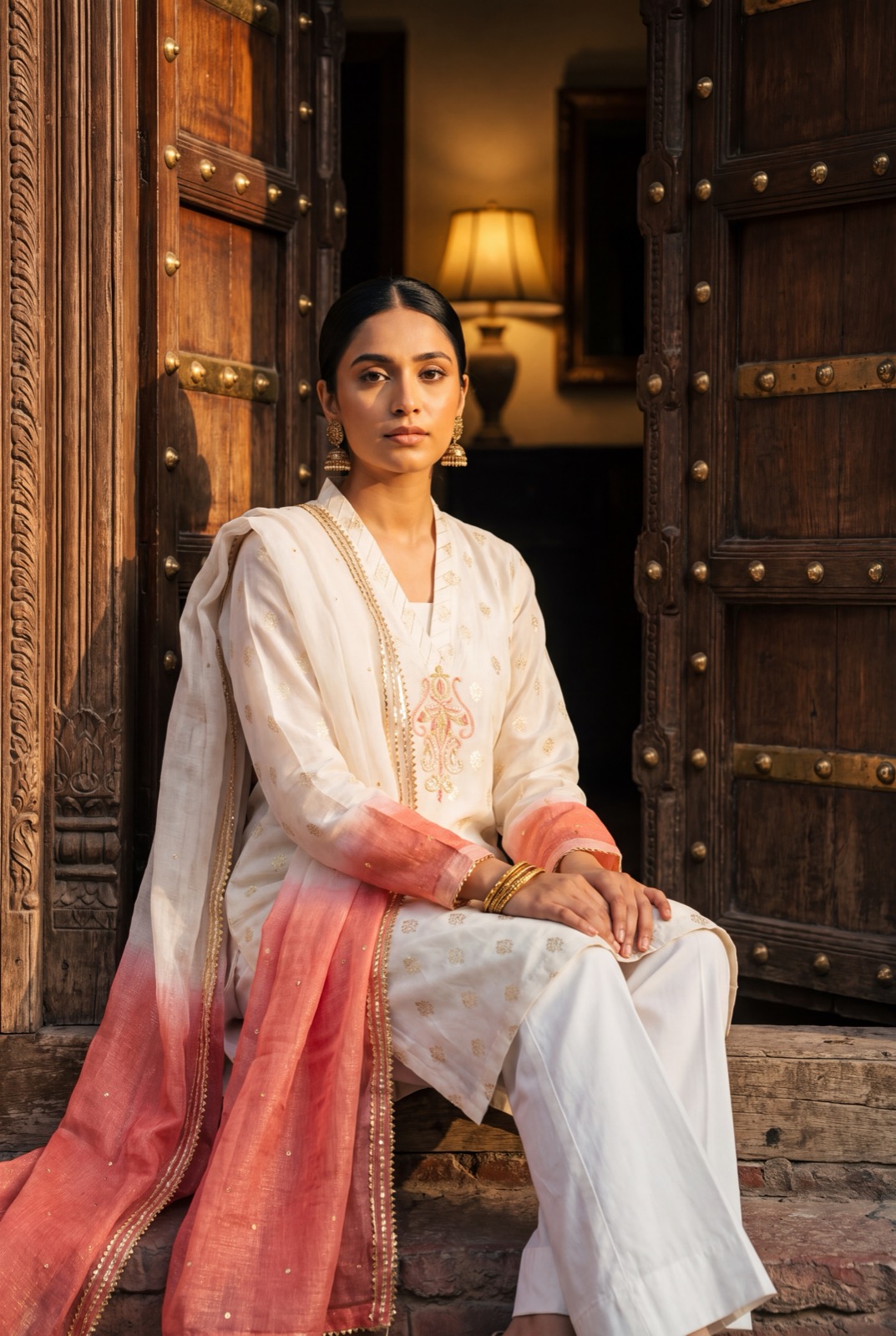 Ivory cotton kurta with gold woven butis and kota-net ombre dupatta
