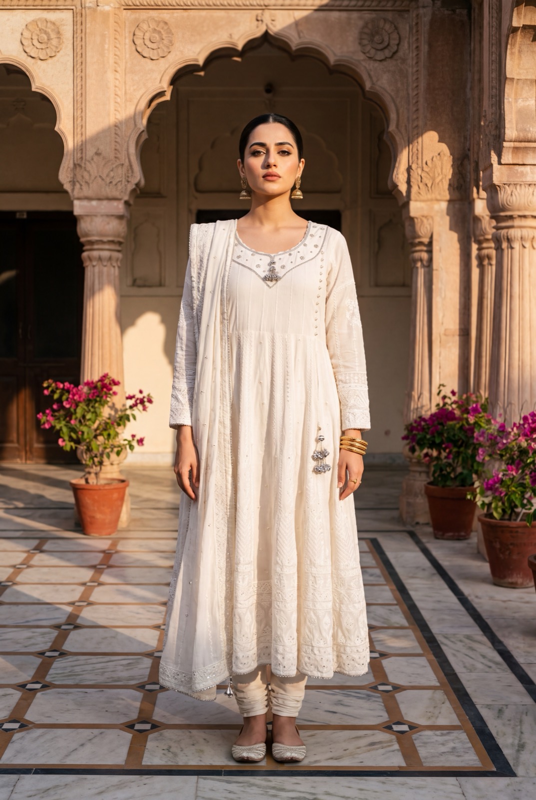 Ivory anarkali-style frock kurta with matching embroidered dupatta