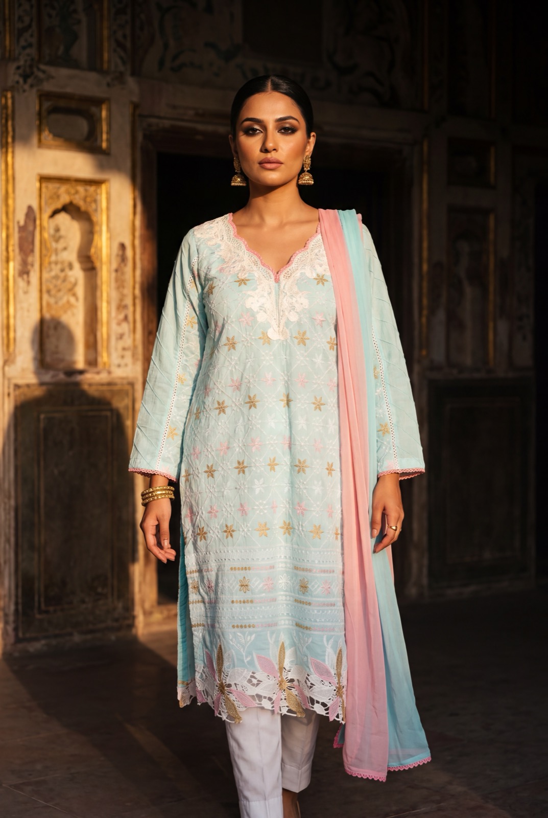 Aqua mint schiffli-embroidered lawn kurta with pale blue and pink dupatta