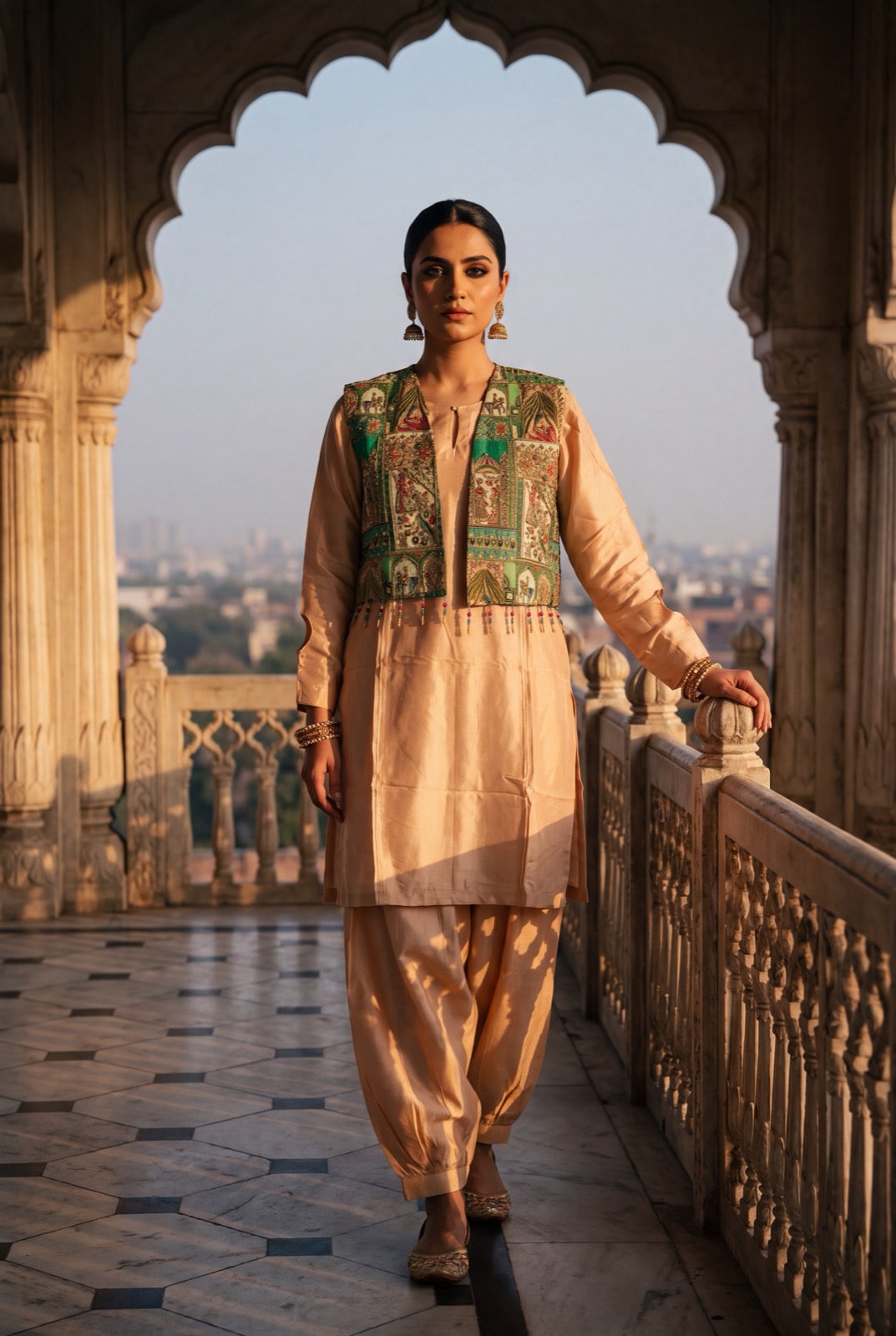 Peach silk kurta under a heavily embellished emerald patchwork waistcoat (koti)