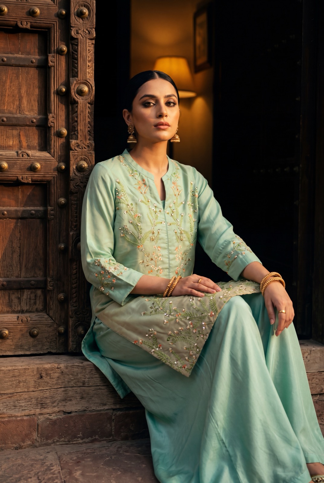 Sea-green mint crepe-silk embroidered kurta