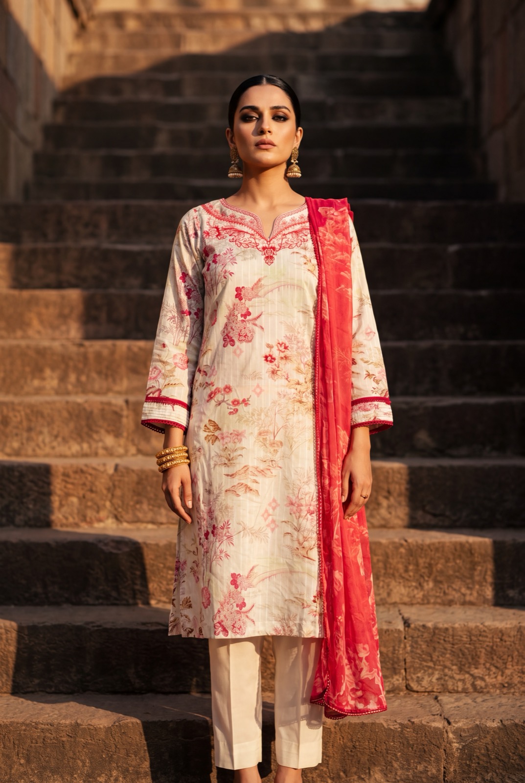 Ivory cream printed lawn kurta with watermelon chiffon dupatta