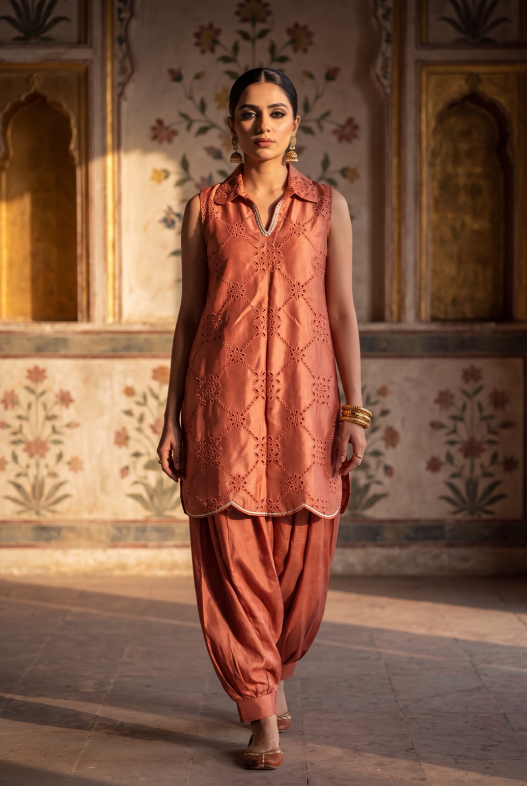 Rust / terracotta-rose silk-blend collared kurta