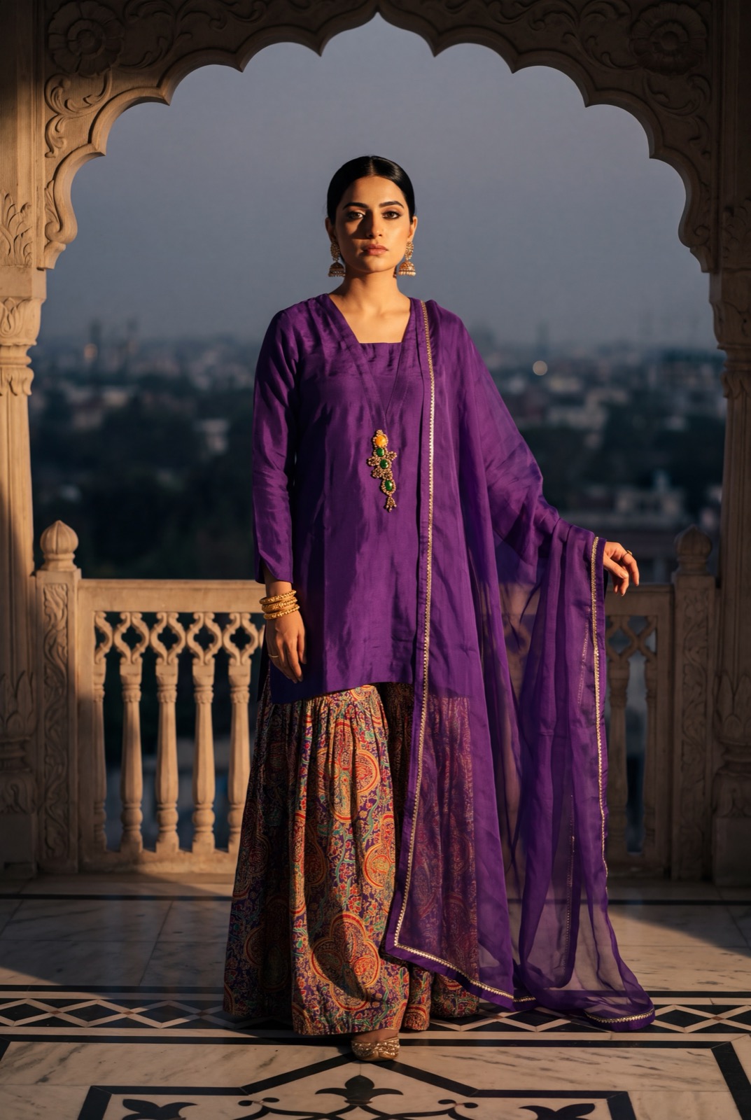 Royal purple silk three-piece: kurta, printed pleated farshi/gharara bottoms and organza dupatta