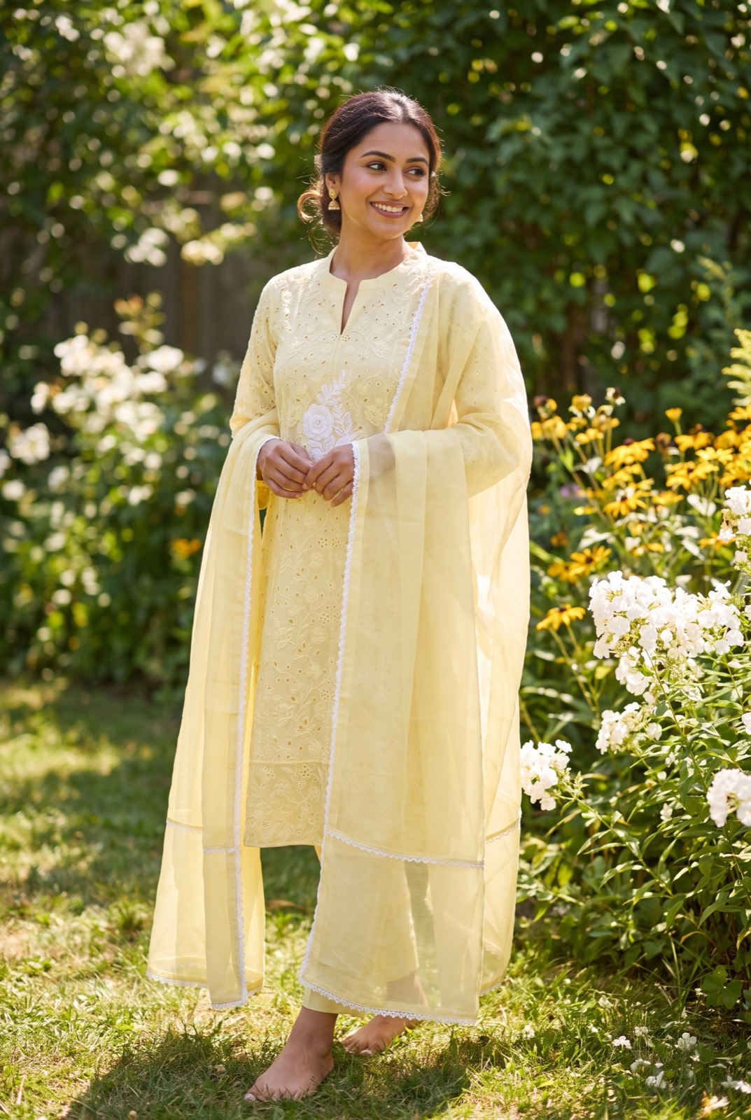 Butter yellow lawn chikankari three-piece: kurta, dupatta and trousers