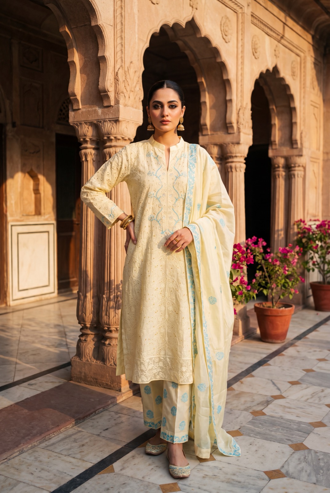 Pale lemon three-piece chikankari suit with turquoise accents