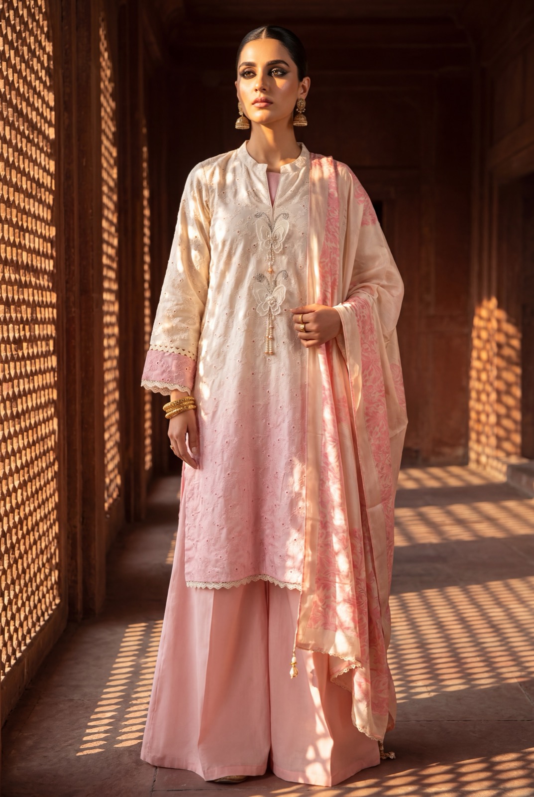 Ivory chikankari kurta dip-dyed to blush, with printed rose silk dupatta
