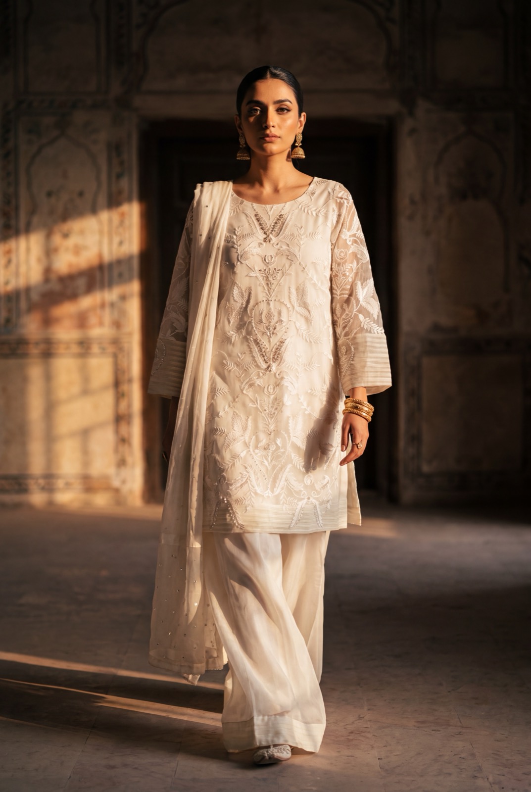 Ivory organza/net formal kurta with organza dupatta