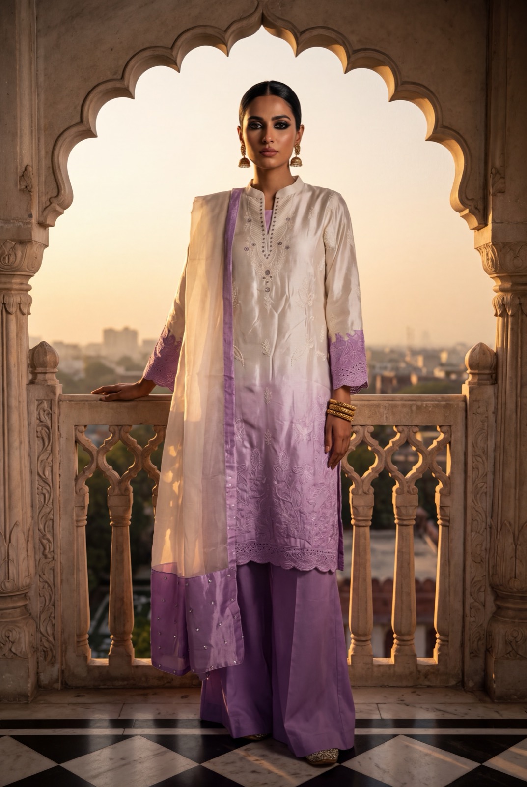 Ivory white chikankari cotton-silk kurta with lilac accents and sheer organza dupatta