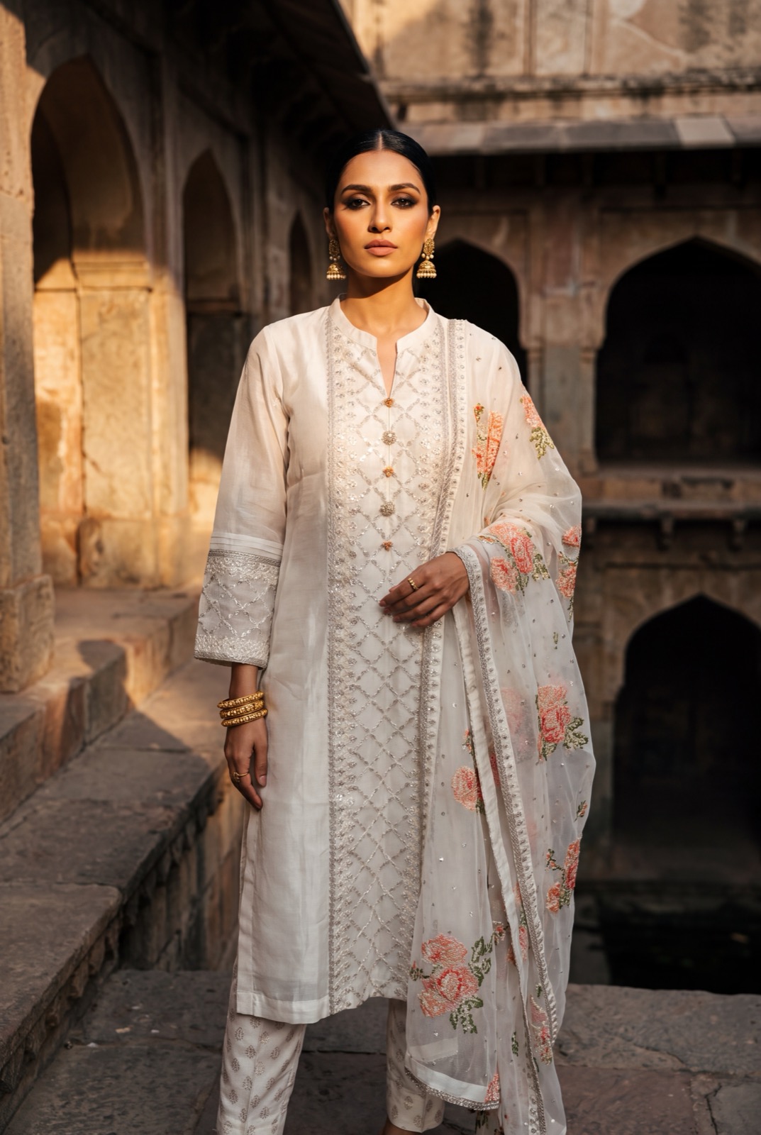 White/ivory tissue-silk kurta with sheer net dupatta
