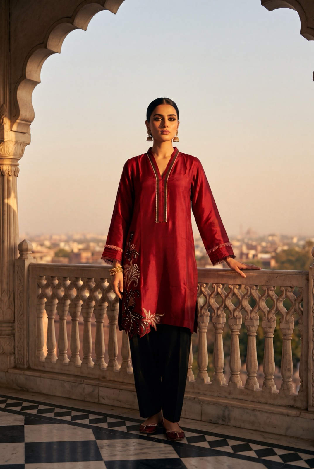 Deep mehroon/red formal silk kurta (part of a farshi sharara set)
