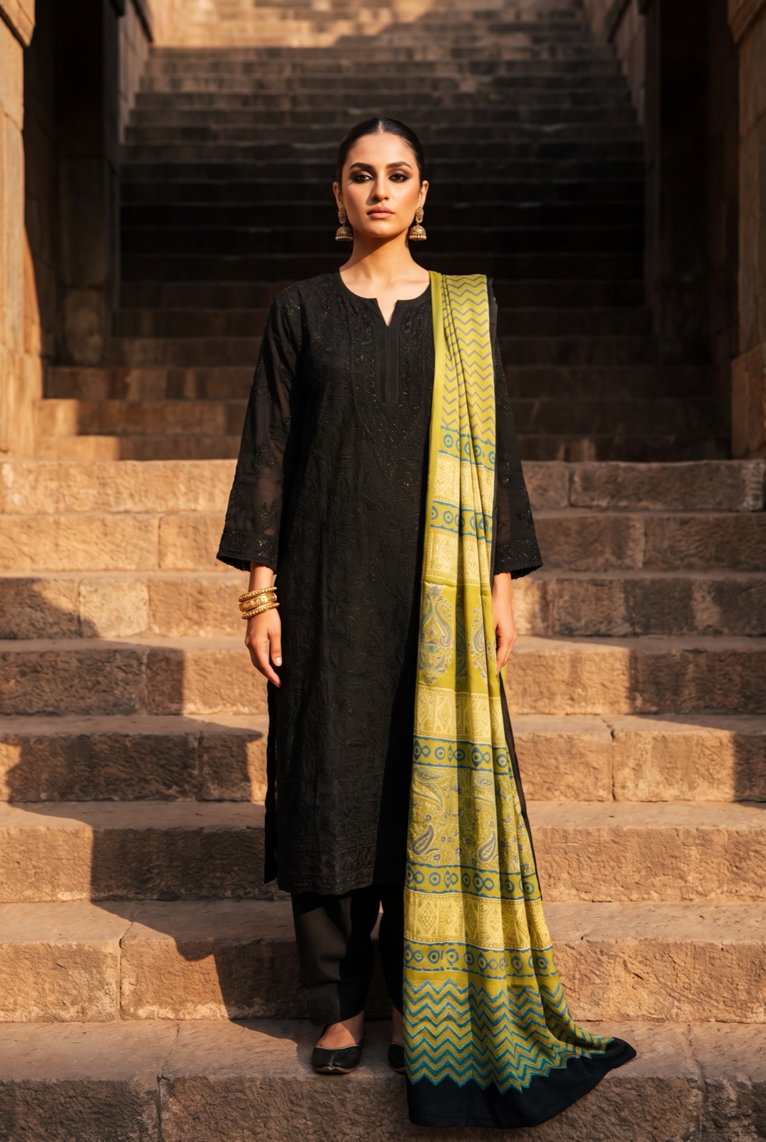 Black georgette chikankari kurta with chartreuse ajrak-style printed dupatta
