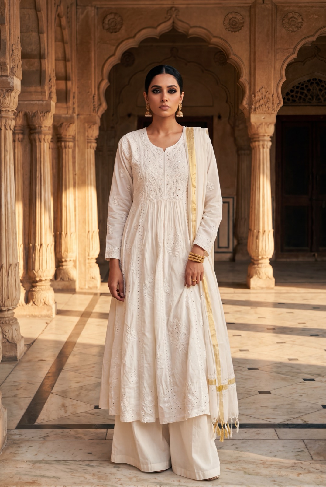 Off-white chikankari anarkali frock with ivory cotton-tissue dupatta