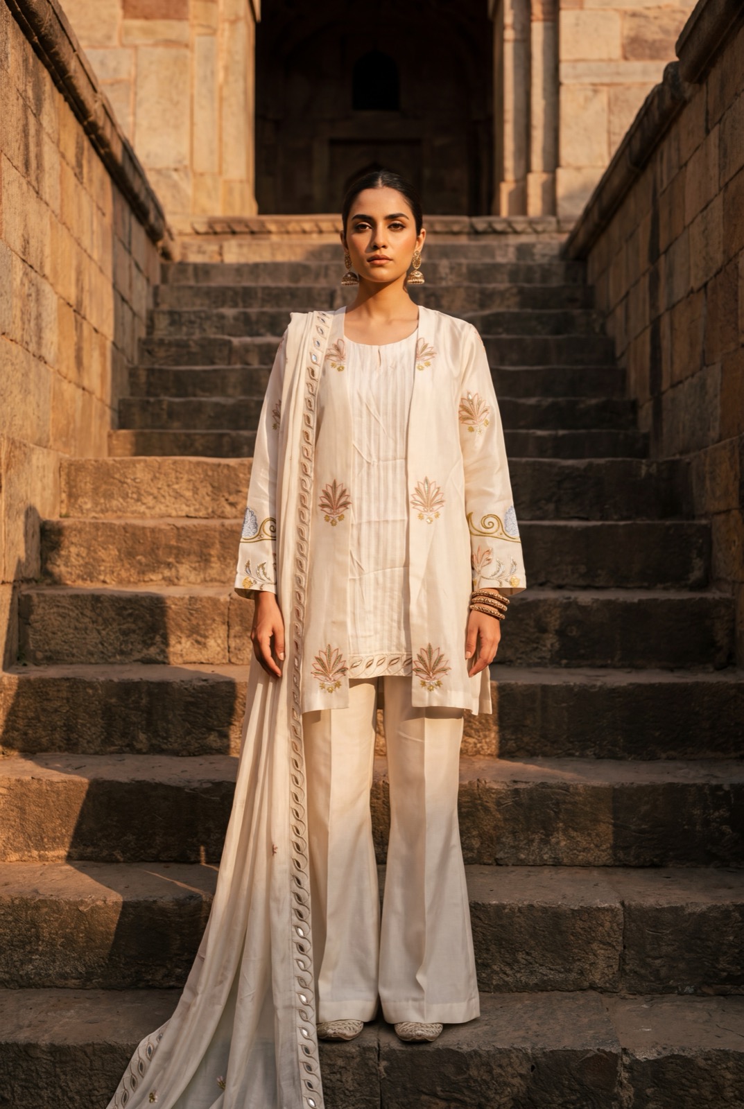 Ivory open-front jacket over a pintucked inner kurta