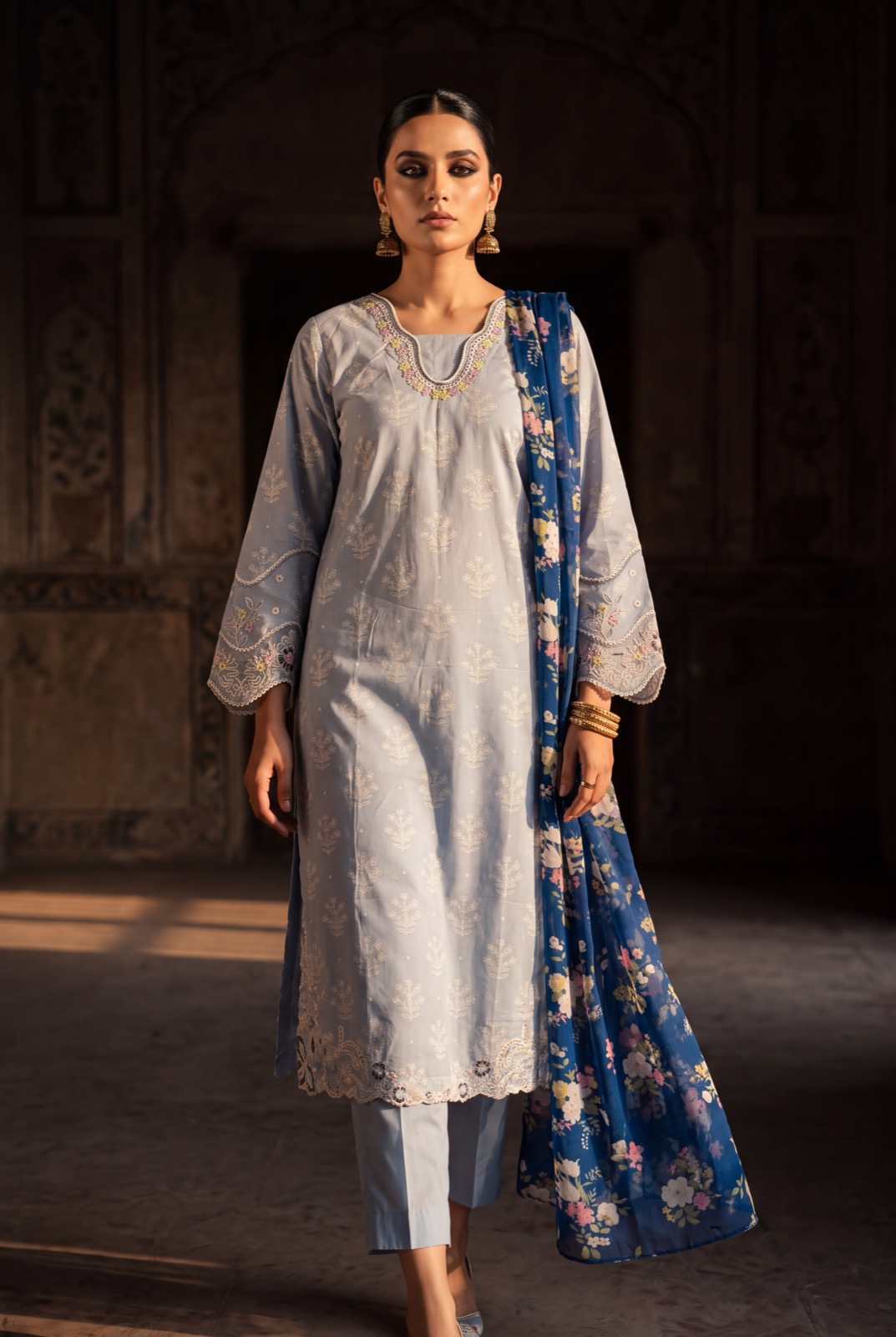 Powder blue block-printed lawn kurta with royal blue printed chiffon dupatta