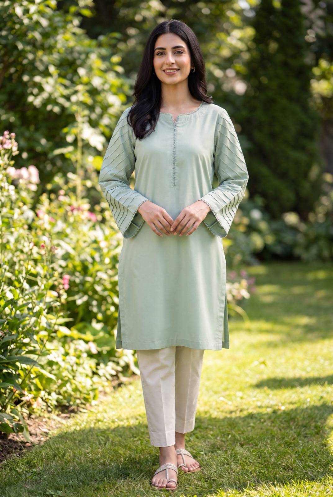 Sage green solid cotton-silk kurta with bell/pintuck sleeves