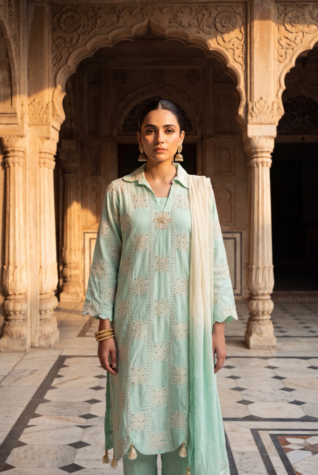 Mint green collared kurta with ombre chiffon dupatta and trousers