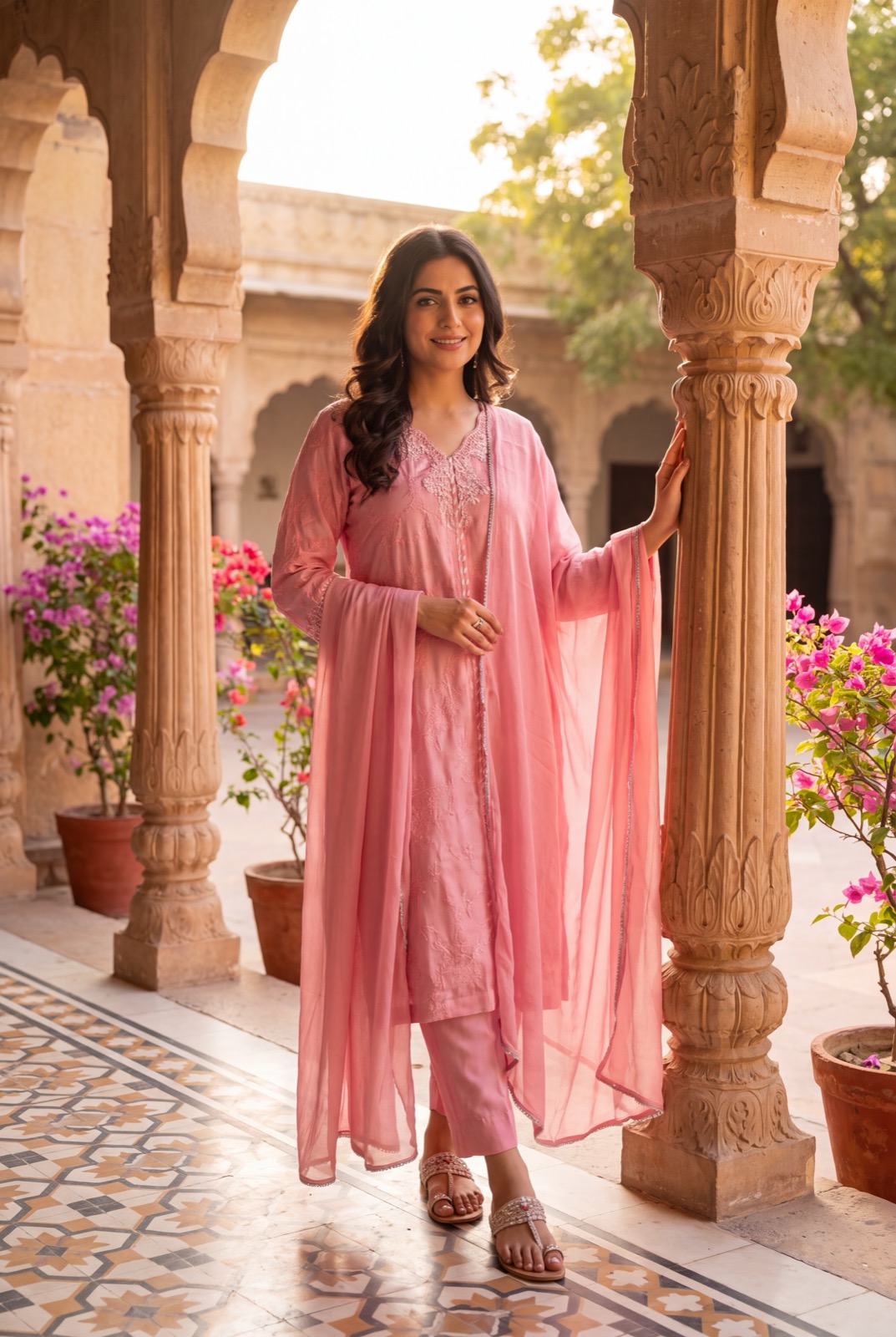 Rose-pink embroidered kurta with dupatta
