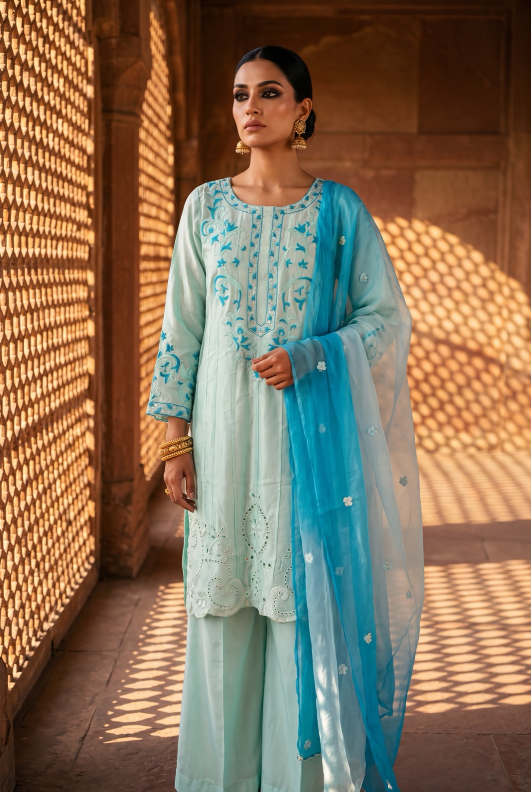 Mint aqua cotton-silk kurta with ombre chiffon dupatta