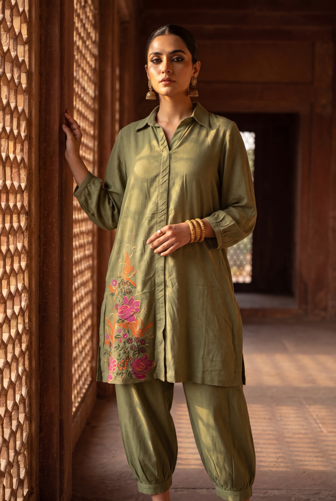 Olive/sage crinkle rayon collared shirt-kurta
